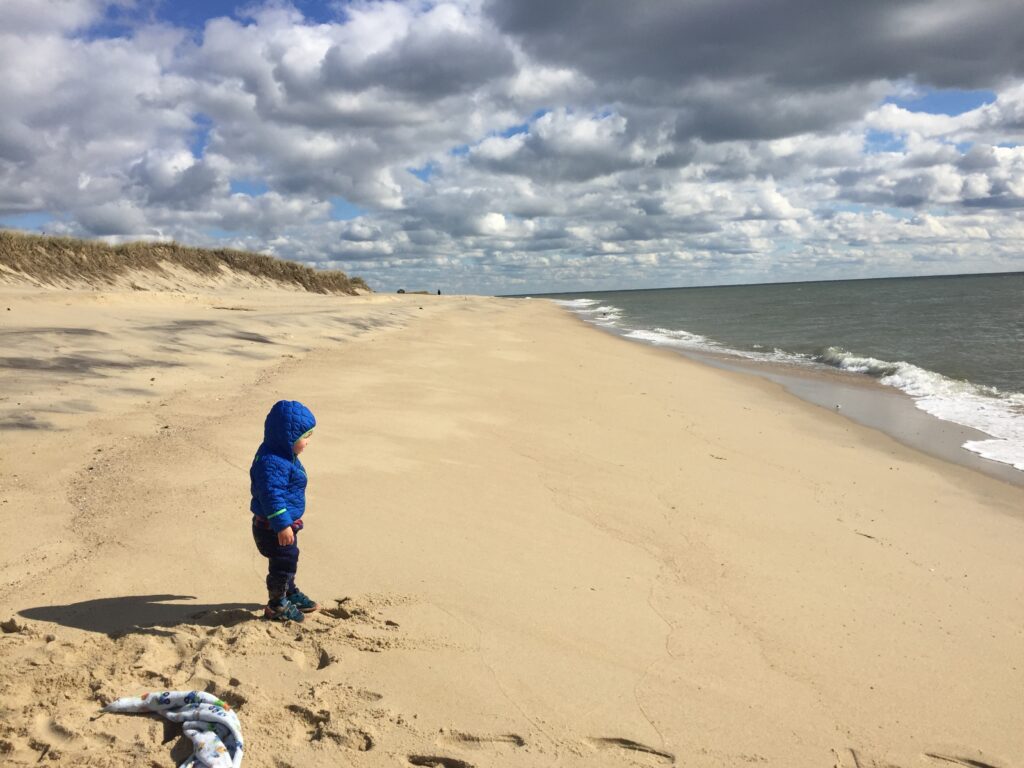 Toddler boy standing on a blustery beach, looking at the ocean