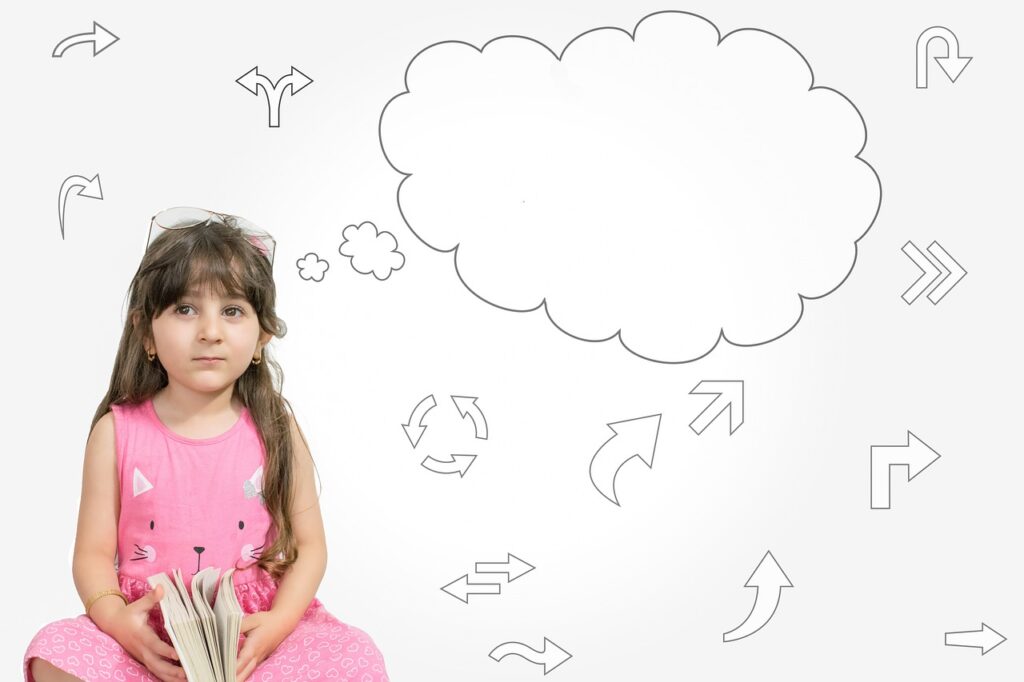 child with thought bubble above her head