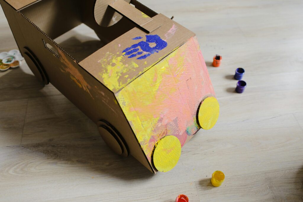 cardboard box turned into a cardboard car