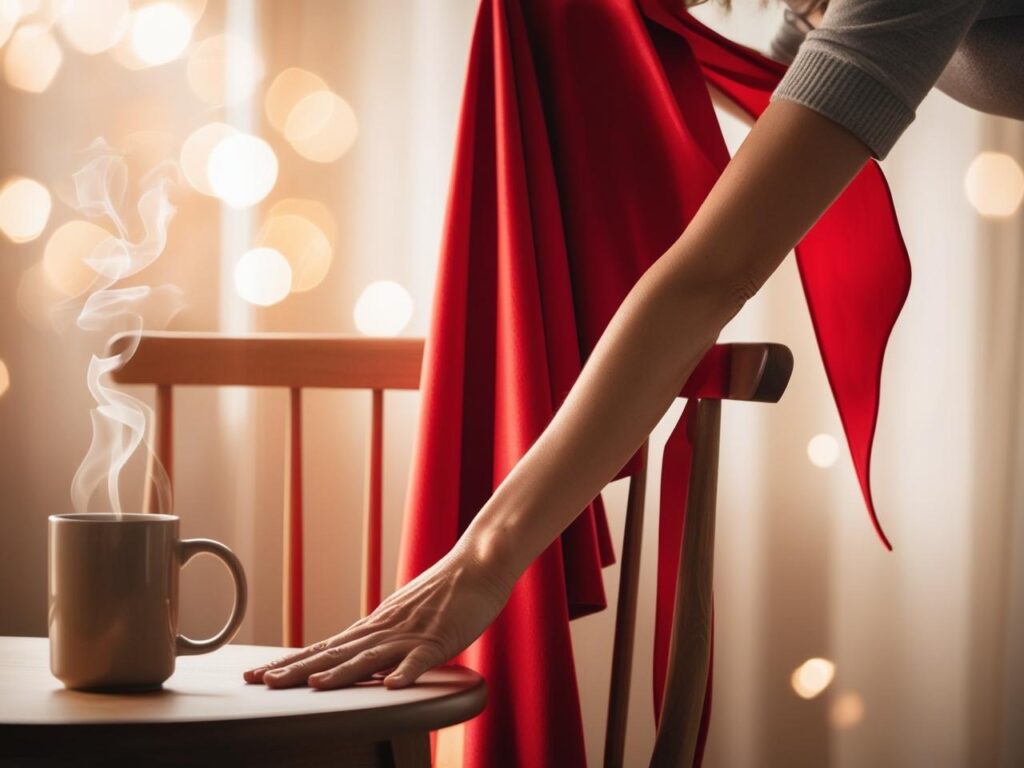 woman hanging her red cape on the back of a chair as she reaches for a cup of coffee