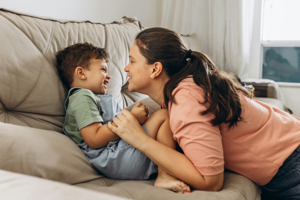 mom explains to toddler the hiking plan